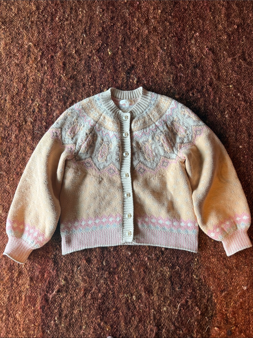 LoveShackFancy Beige and Pink Fair Isle Yoke Cardigan Jacket